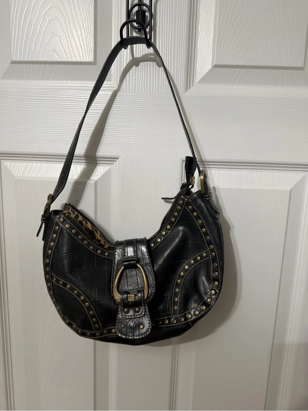 Nine West Black Leather Studded Shoulder Bag with Antiqued Gold Buckle